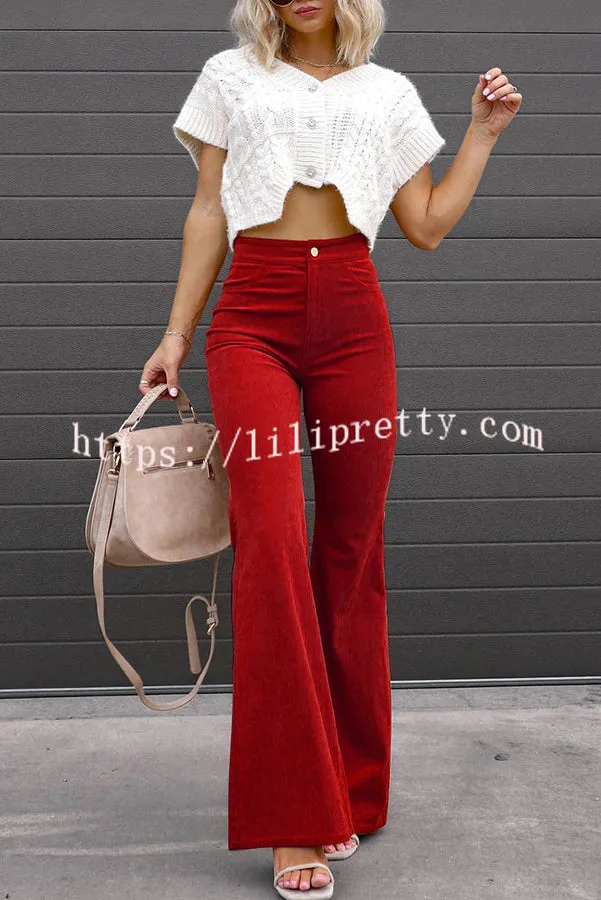 Corduroy Pockets Elastic Waist Button Wide Leg Pants