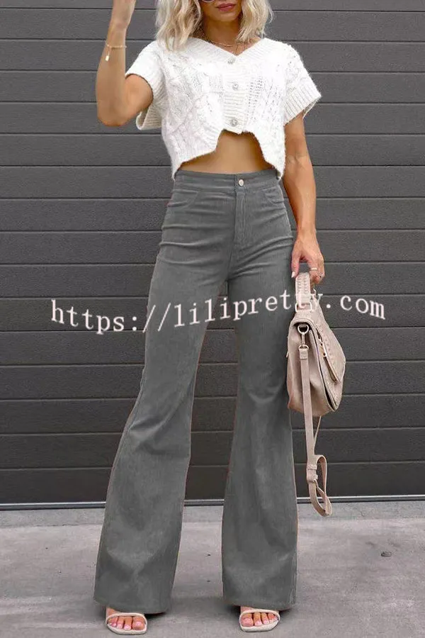 Corduroy Pockets Elastic Waist Button Wide Leg Pants