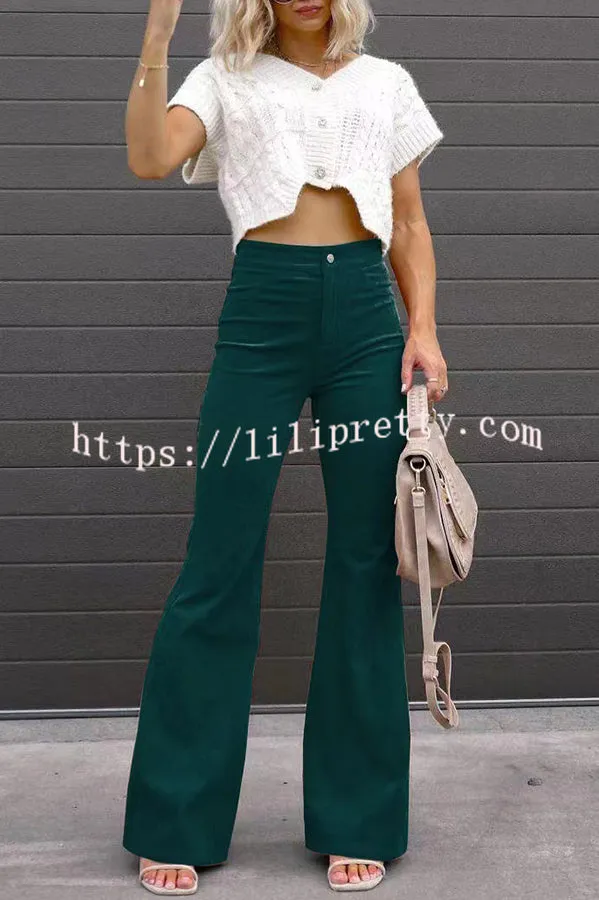 Corduroy Pockets Elastic Waist Button Wide Leg Pants