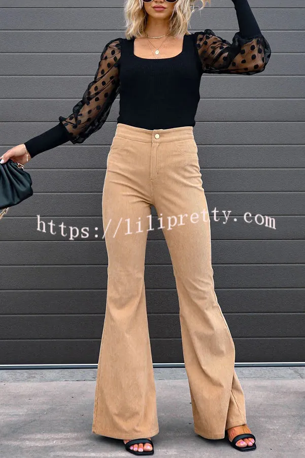 Corduroy Pockets Elastic Waist Button Wide Leg Pants