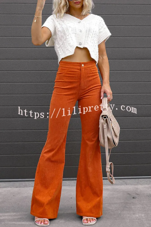 Corduroy Pockets Elastic Waist Button Wide Leg Pants