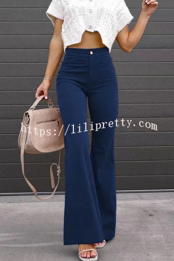 Corduroy Pockets Elastic Waist Button Wide Leg Pants