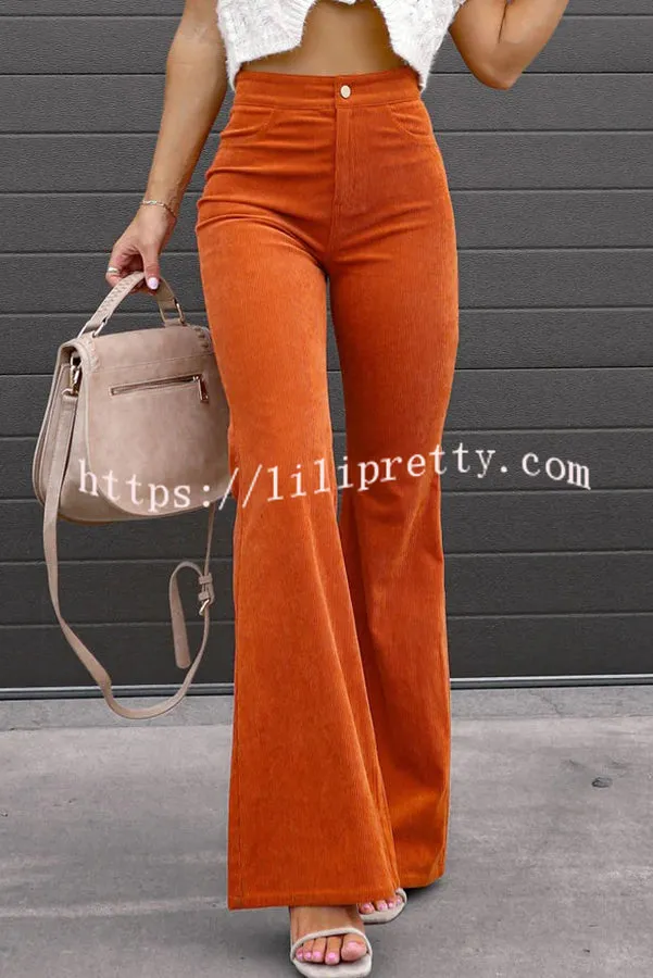 Corduroy Pockets Elastic Waist Button Wide Leg Pants