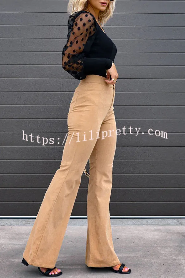 Corduroy Pockets Elastic Waist Button Wide Leg Pants