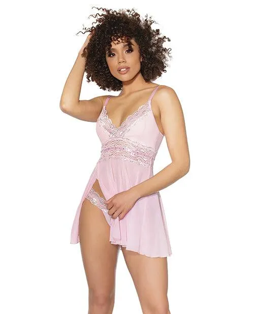 Crystal Pink Babydoll W-lightly Padded Cups & Thong Pink-silver