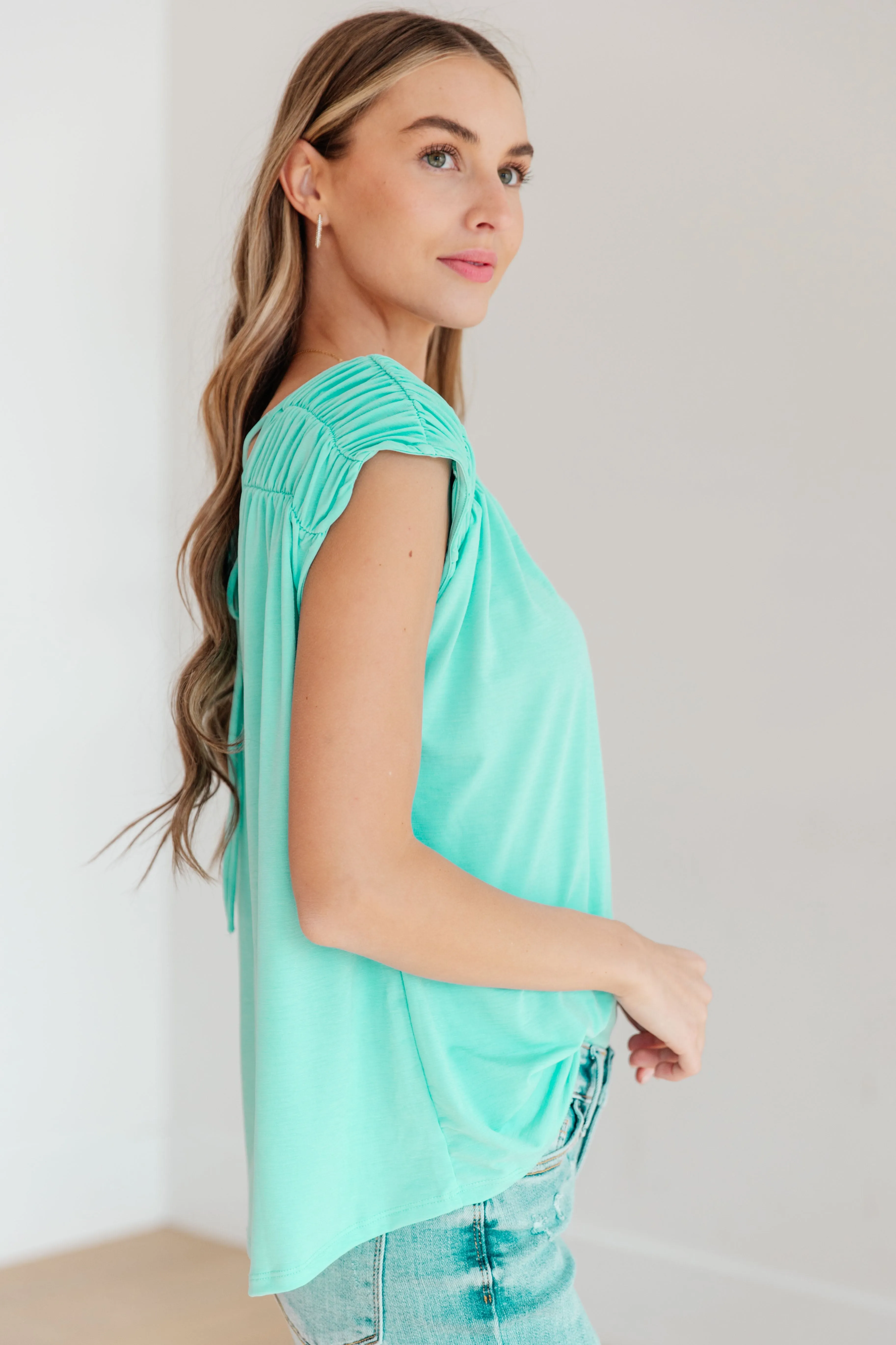 Dear Scarlett Ruched Cap Sleeve Top in Neon Blue