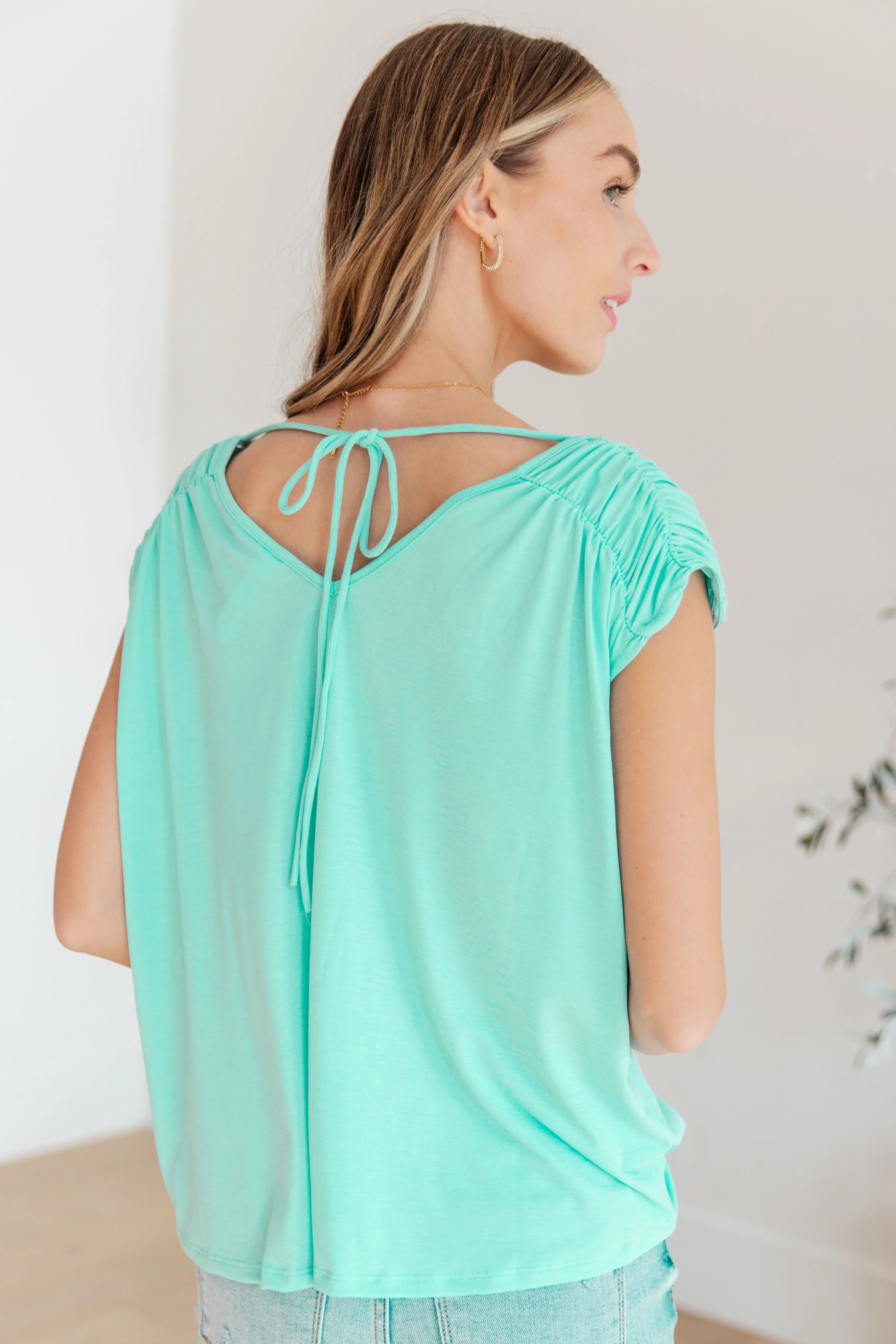 Dear Scarlett Ruched Cap Sleeve Top in Neon Blue