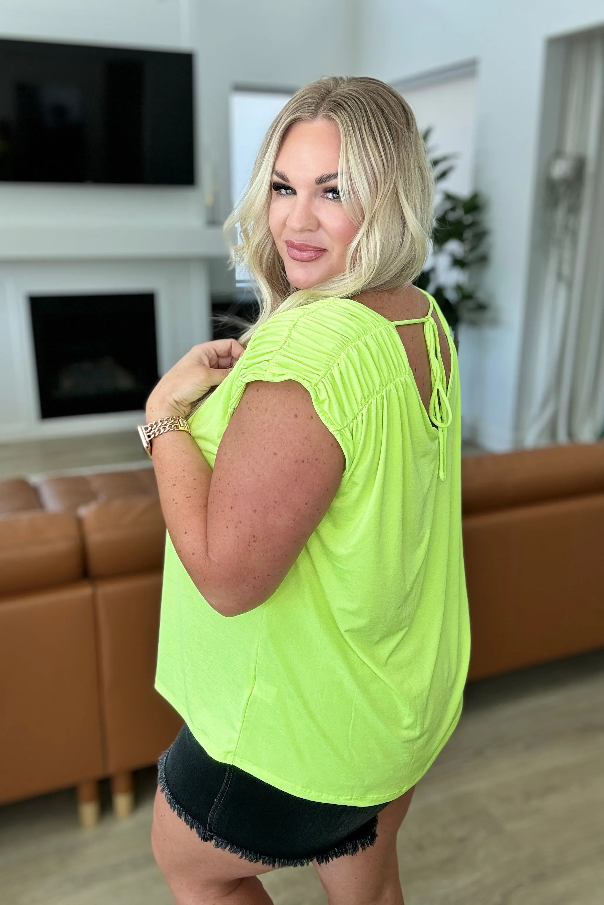 Dear Scarlett Ruched Cap Sleeve Top in Neon Green