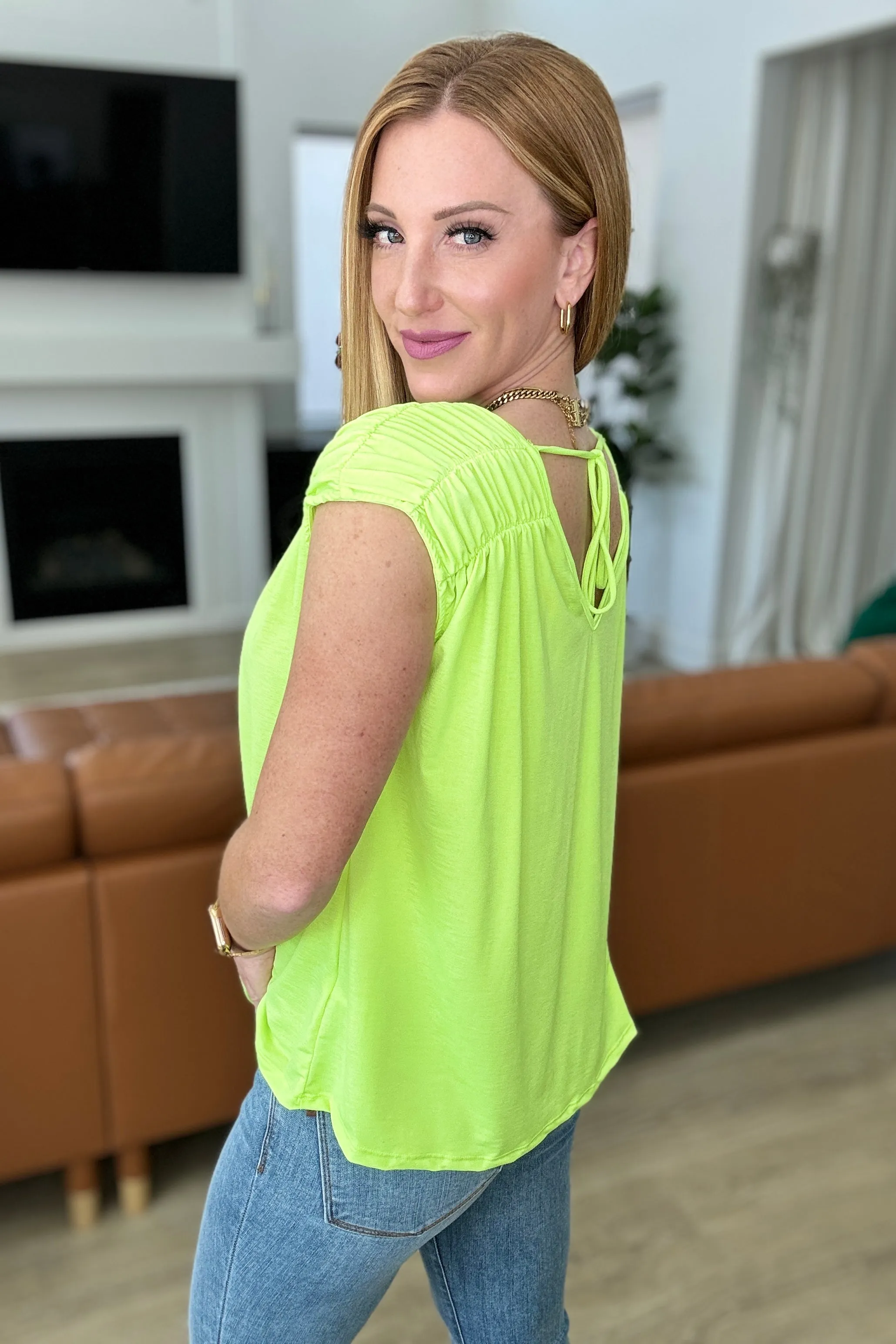 Dear Scarlett Ruched Cap Sleeve Top in Neon Green