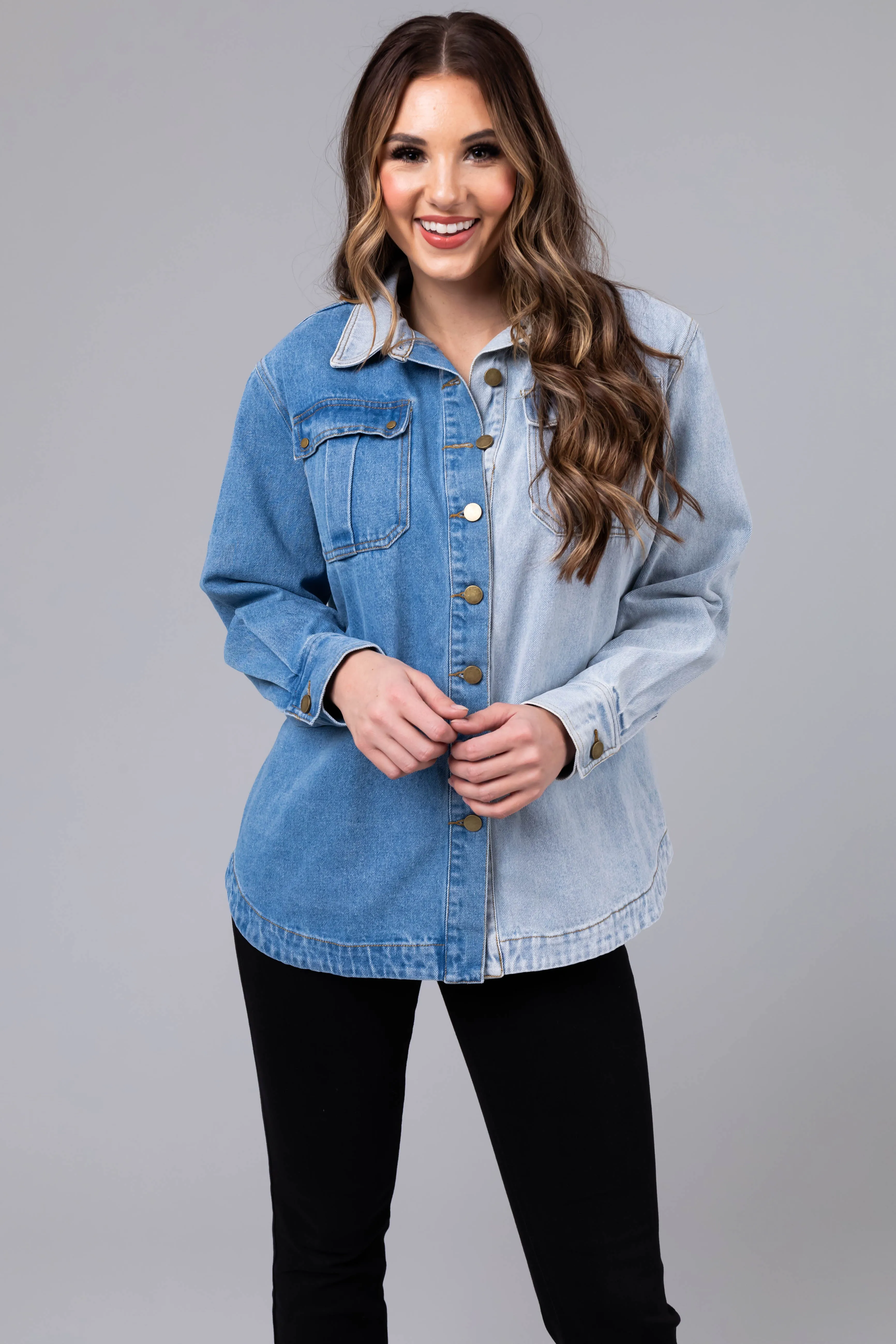 Denim Colorblock Button Down Shacket