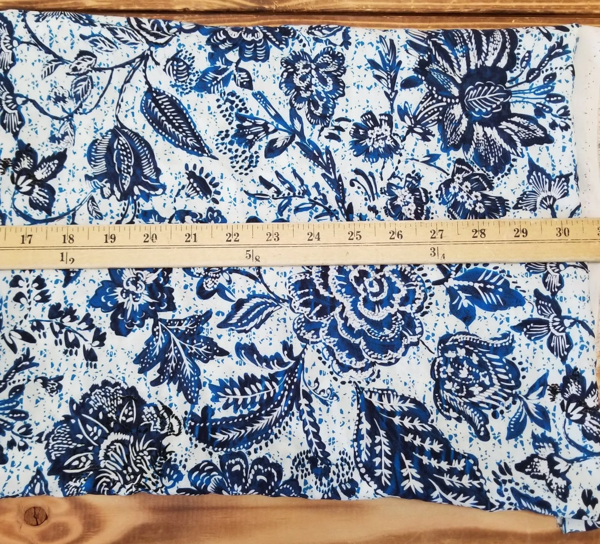 Designer Deadstock Italian Bohemian Floral Blue and Ivory  Viscose Challis Woven- by the yard