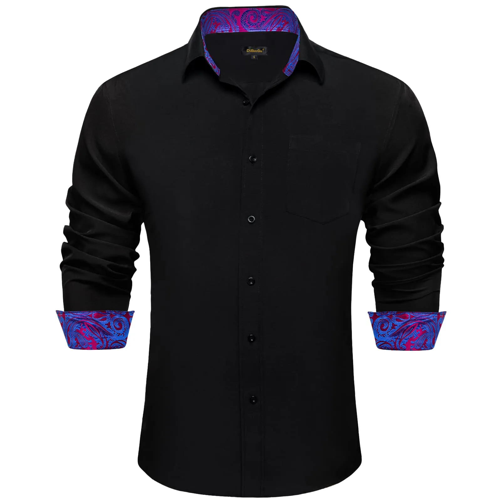 DiBanGu Black Solid Splicing Blue Paisley Silk Mens Long Sleeve Shirt