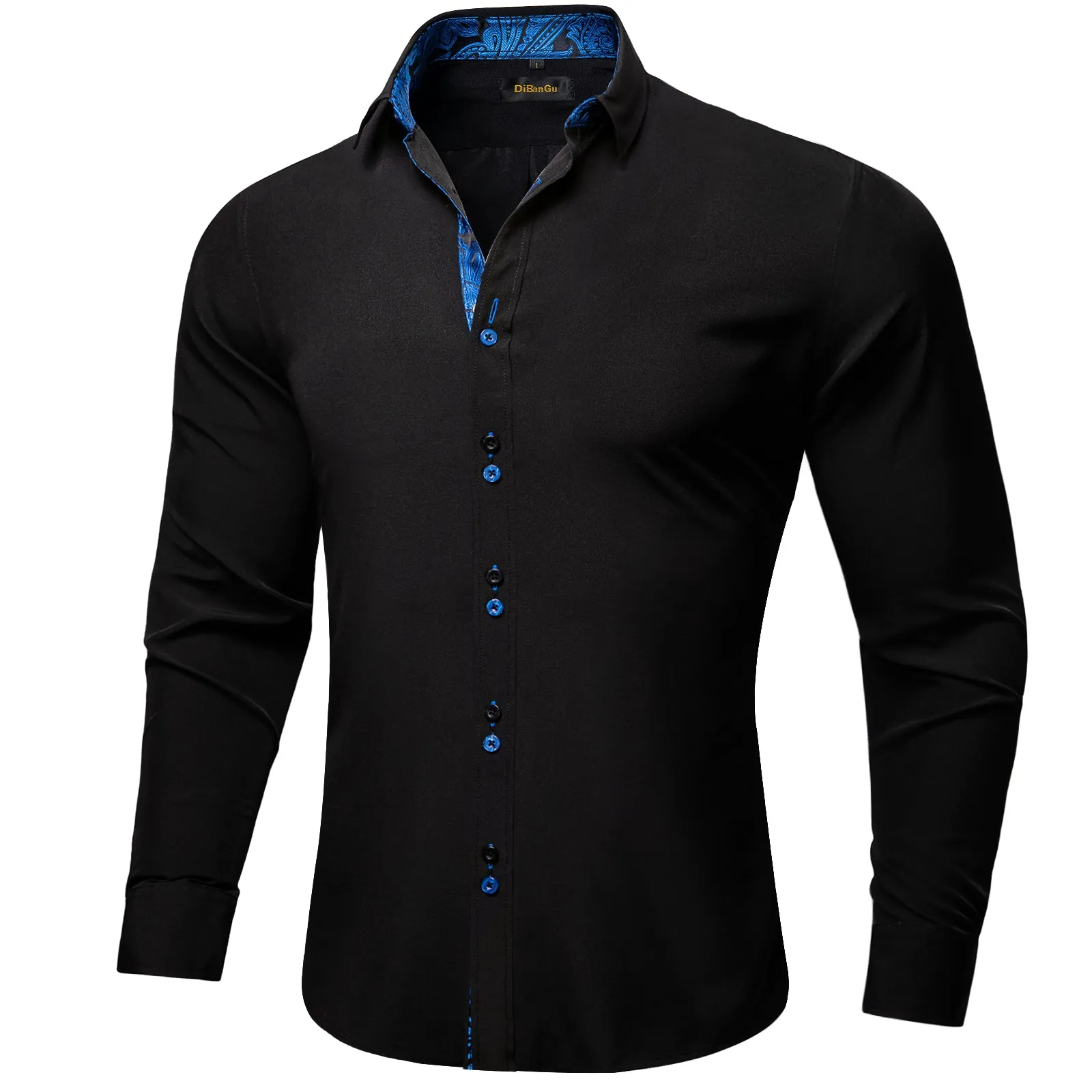 DiBanGu Silk Button Down Shirt Black Blue Splicing Long Sleeve Shirt For Men