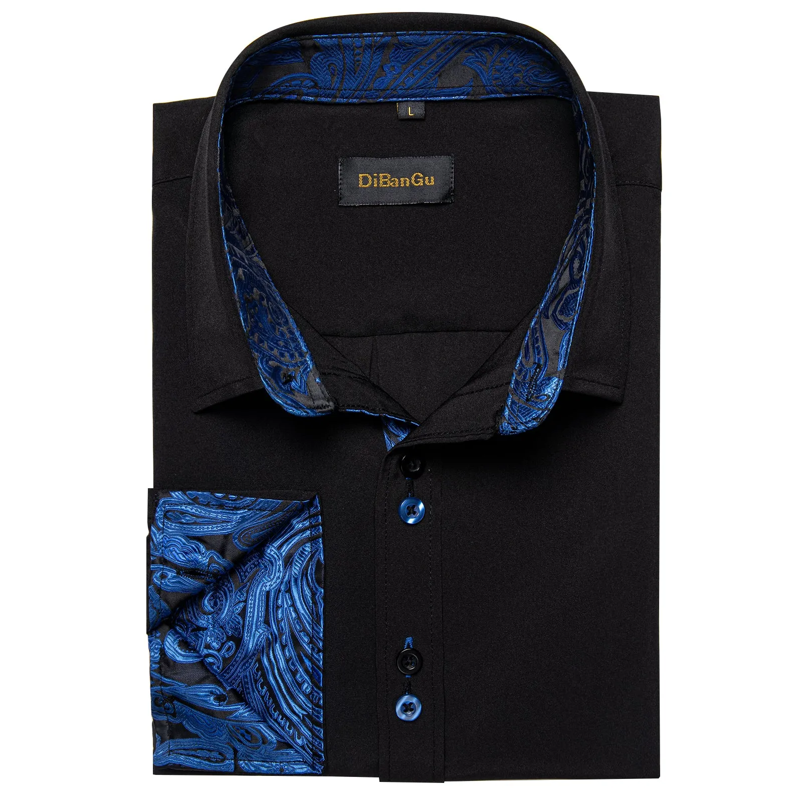 DiBanGu Silk Button Down Shirt Black Blue Splicing Long Sleeve Shirt For Men