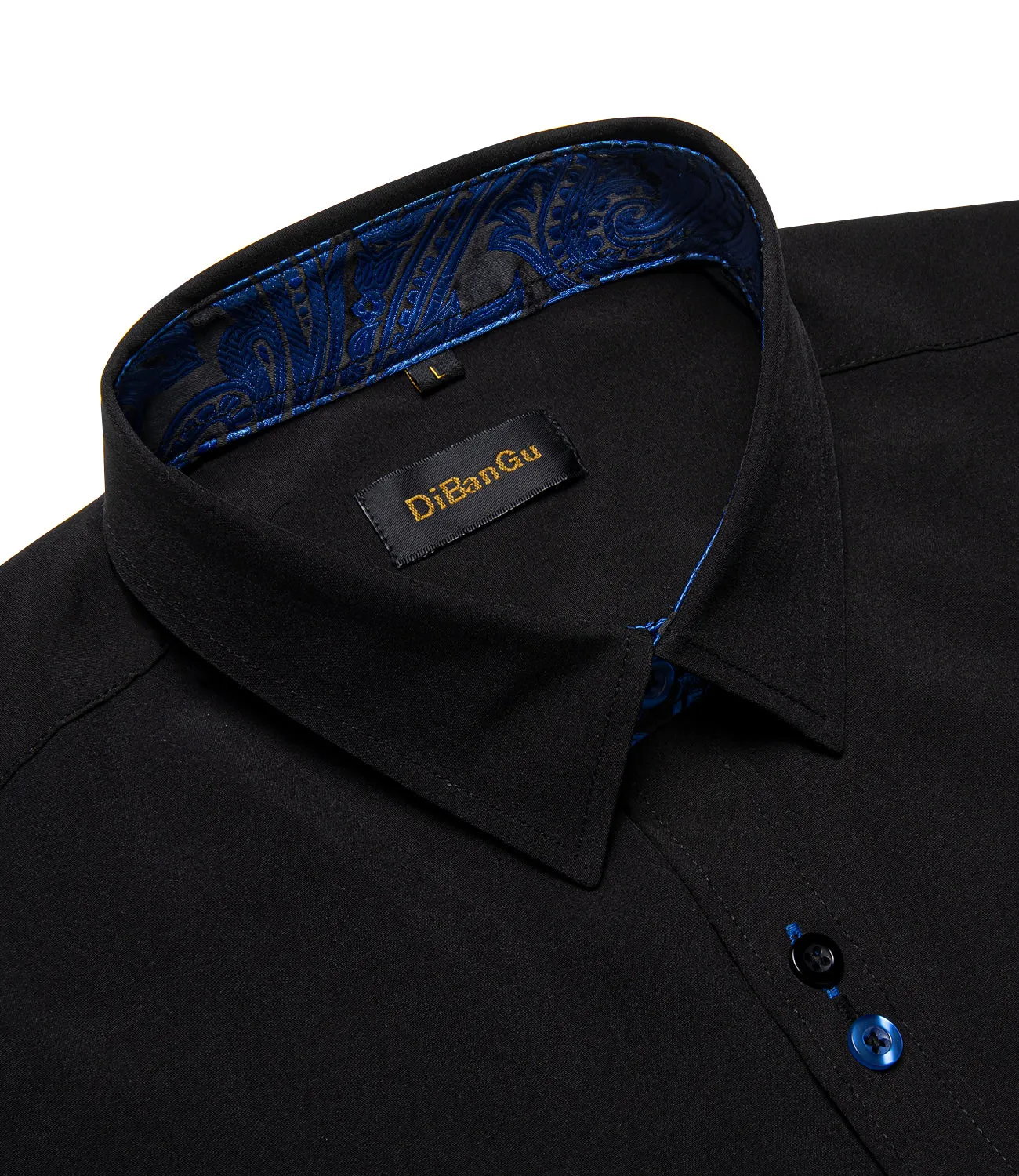 DiBanGu Silk Button Down Shirt Black Blue Splicing Long Sleeve Shirt For Men