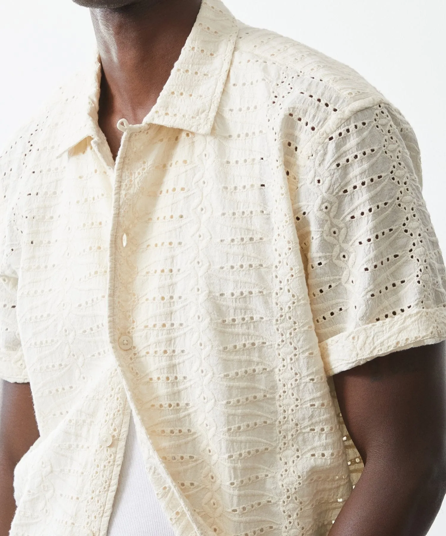 Embroidered Eyelet Short Sleeve Camp Collar Shirt in Cream