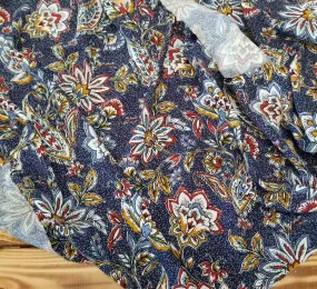 End of Bolt: 3.5 yards of Designer Deadstock Italian Floral and Paisleys Navy Viscose Challis Woven-remnant