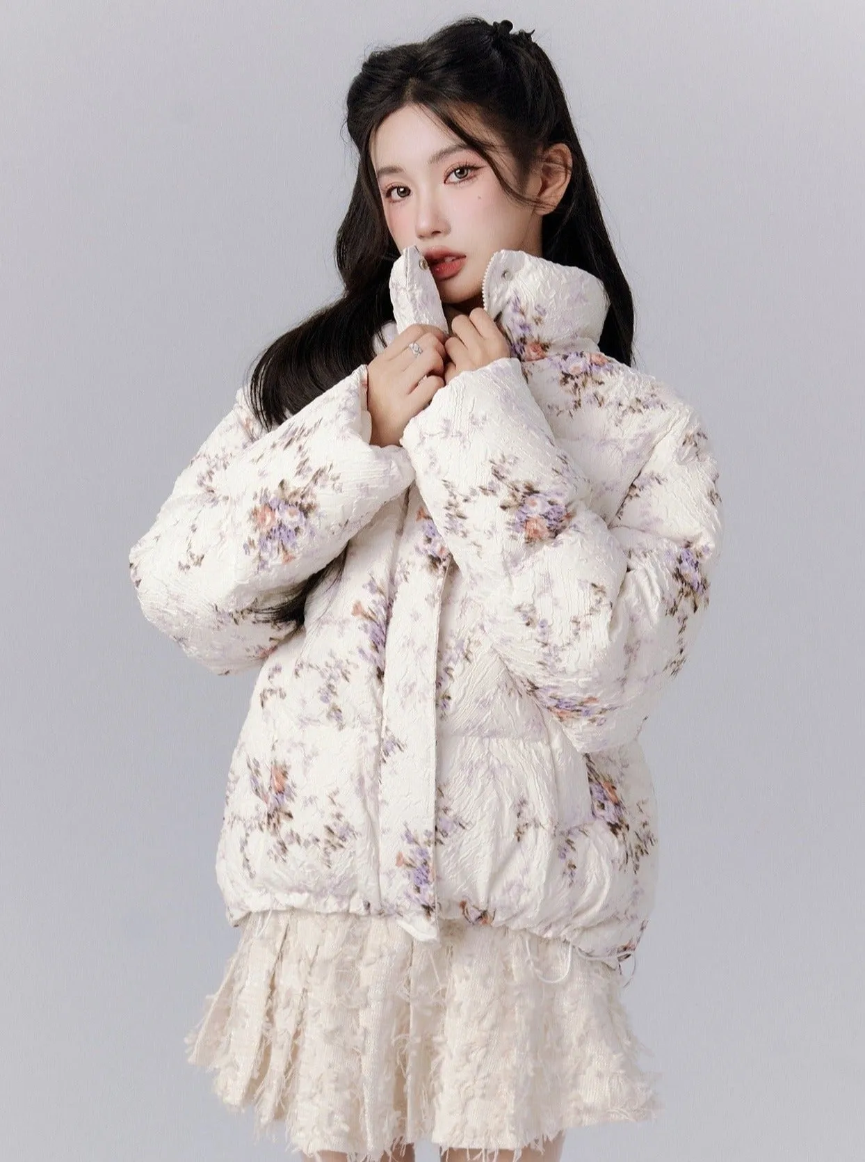 Ethereal Bloom Winter Set: Floral Puffer Jacket and Pleated Lace Skirt