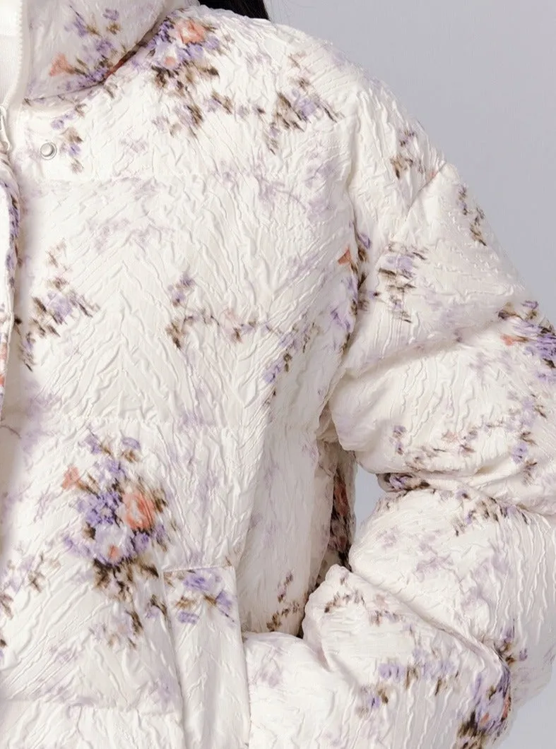 Ethereal Bloom Winter Set: Floral Puffer Jacket and Pleated Lace Skirt