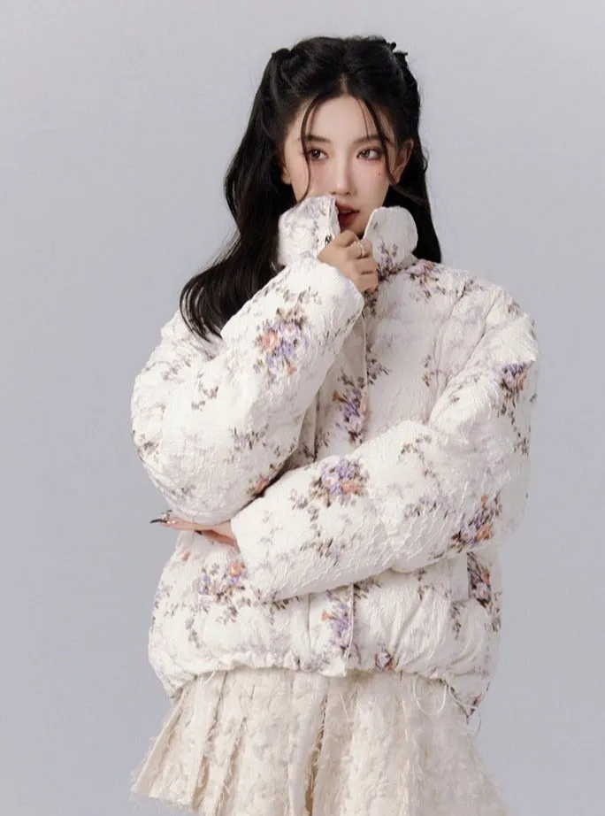 Ethereal Bloom Winter Set: Floral Puffer Jacket and Pleated Lace Skirt