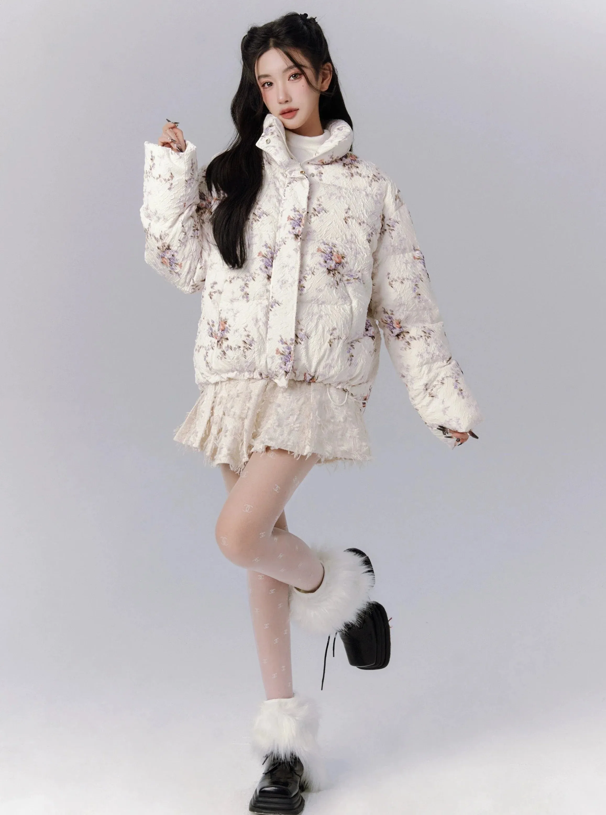 Ethereal Bloom Winter Set: Floral Puffer Jacket and Pleated Lace Skirt