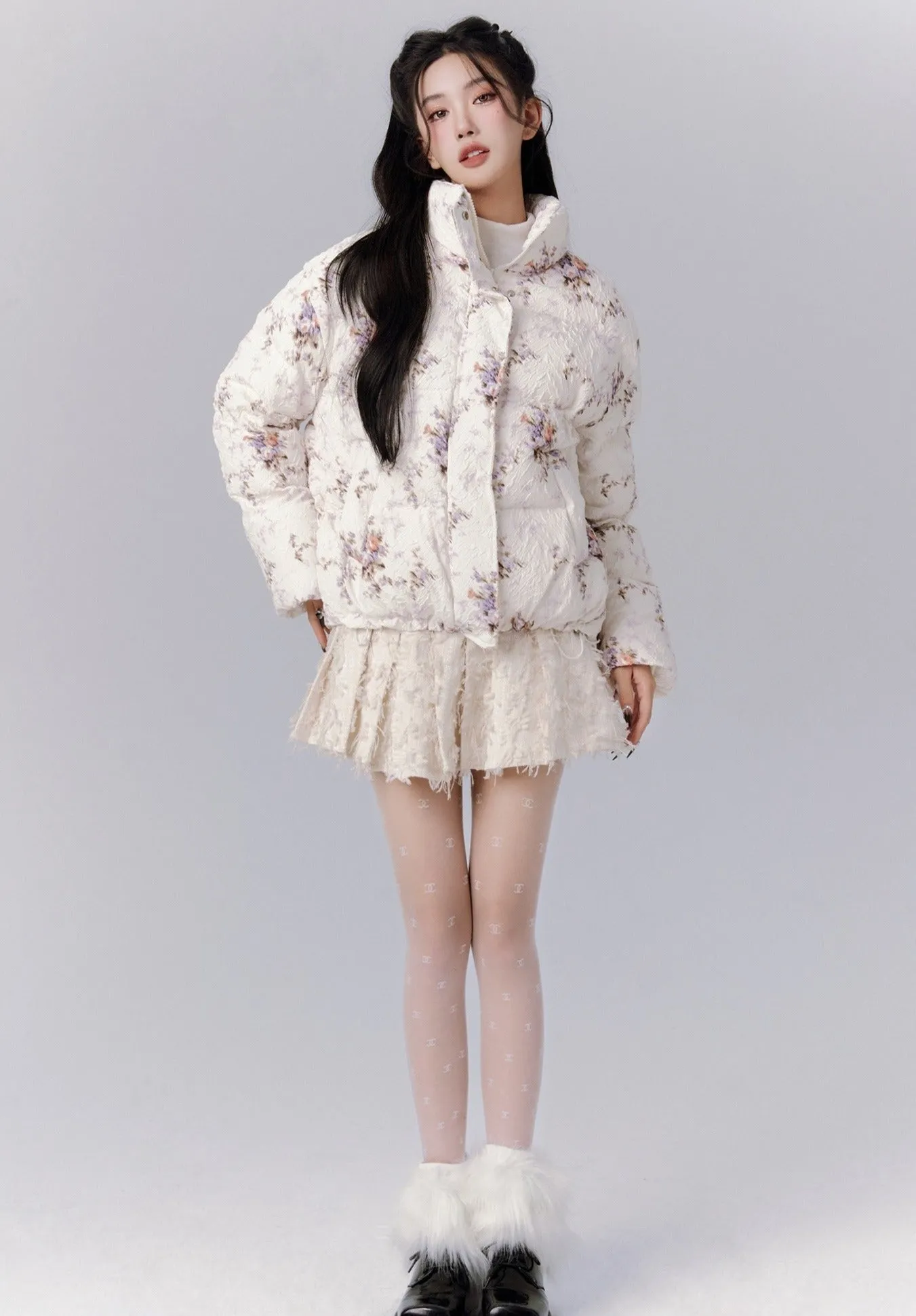 Ethereal Bloom Winter Set: Floral Puffer Jacket and Pleated Lace Skirt