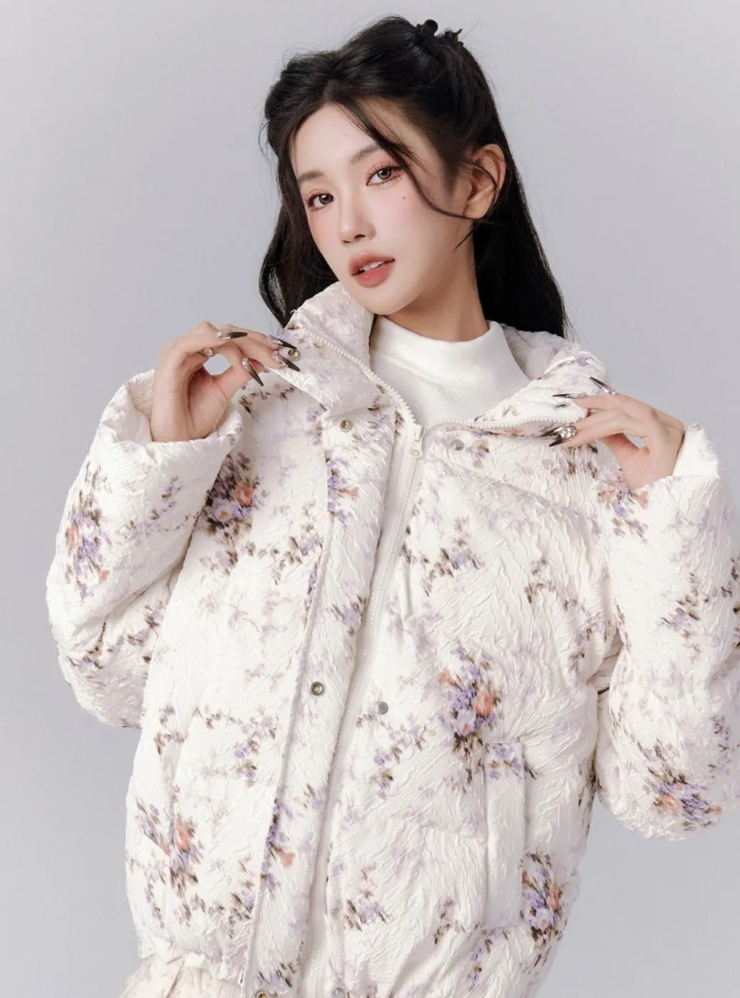 Ethereal Bloom Winter Set: Floral Puffer Jacket and Pleated Lace Skirt