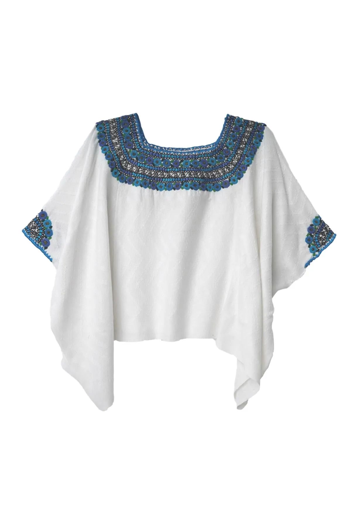 Evelyn Embroidered Guatemalan Top - White, Teal, Turquoise, & Black