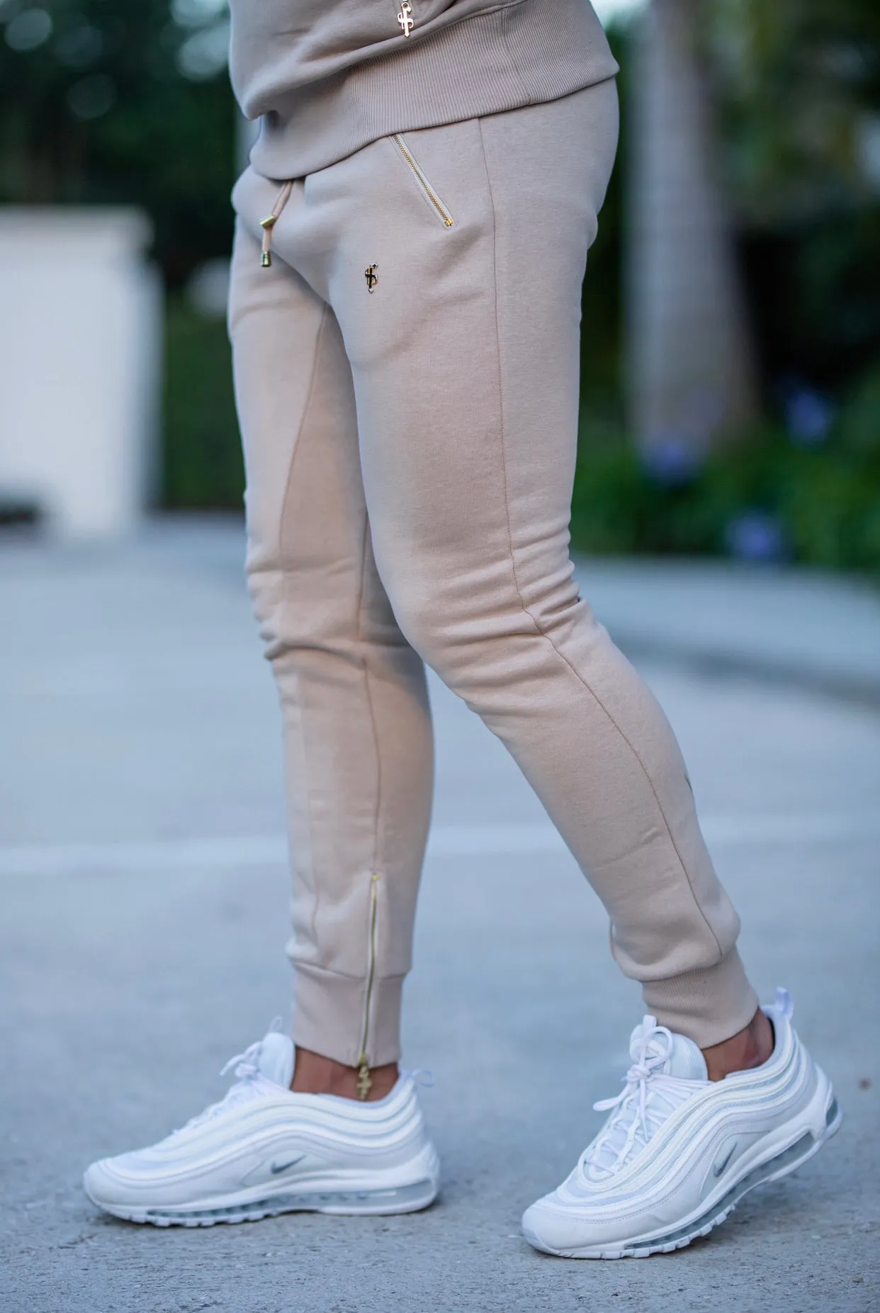 Father Sons Beige & Gold Tapered Sweat Pants with Ankle Zip Detail - FSH484