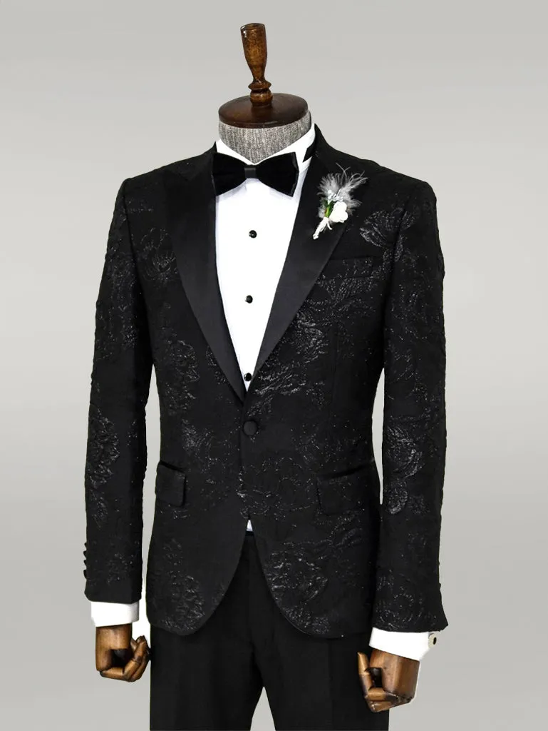 Floral Patterned Peak Lapel Black Tuxedo Blazer - Wessi