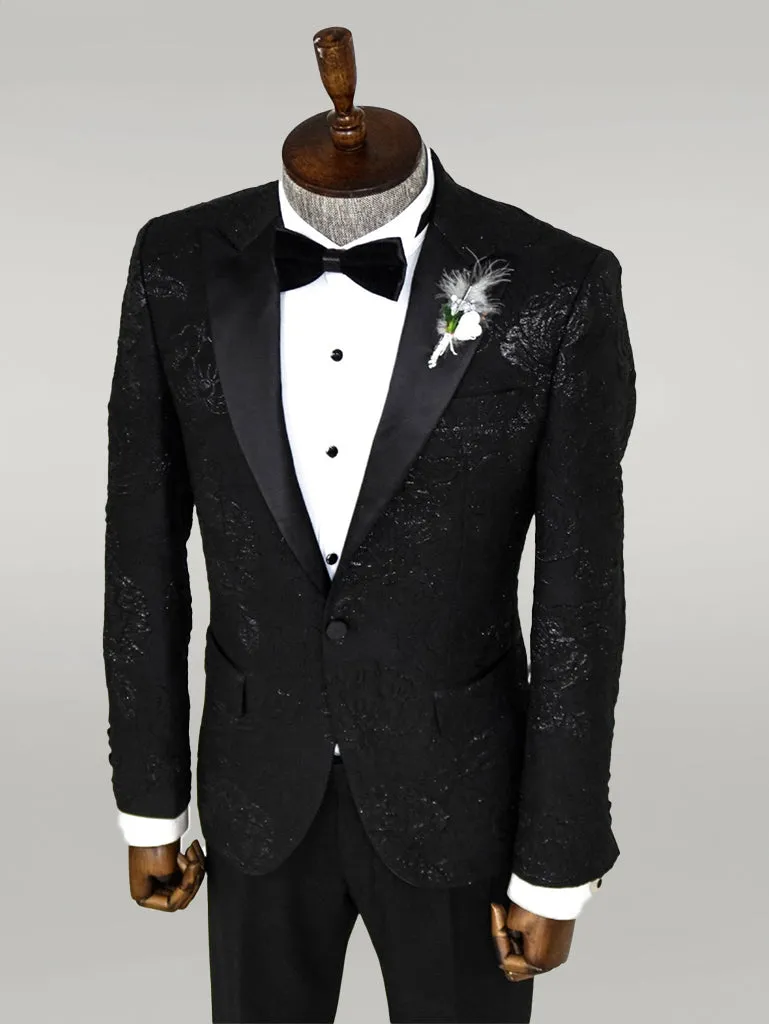 Floral Patterned Peak Lapel Black Tuxedo Blazer - Wessi