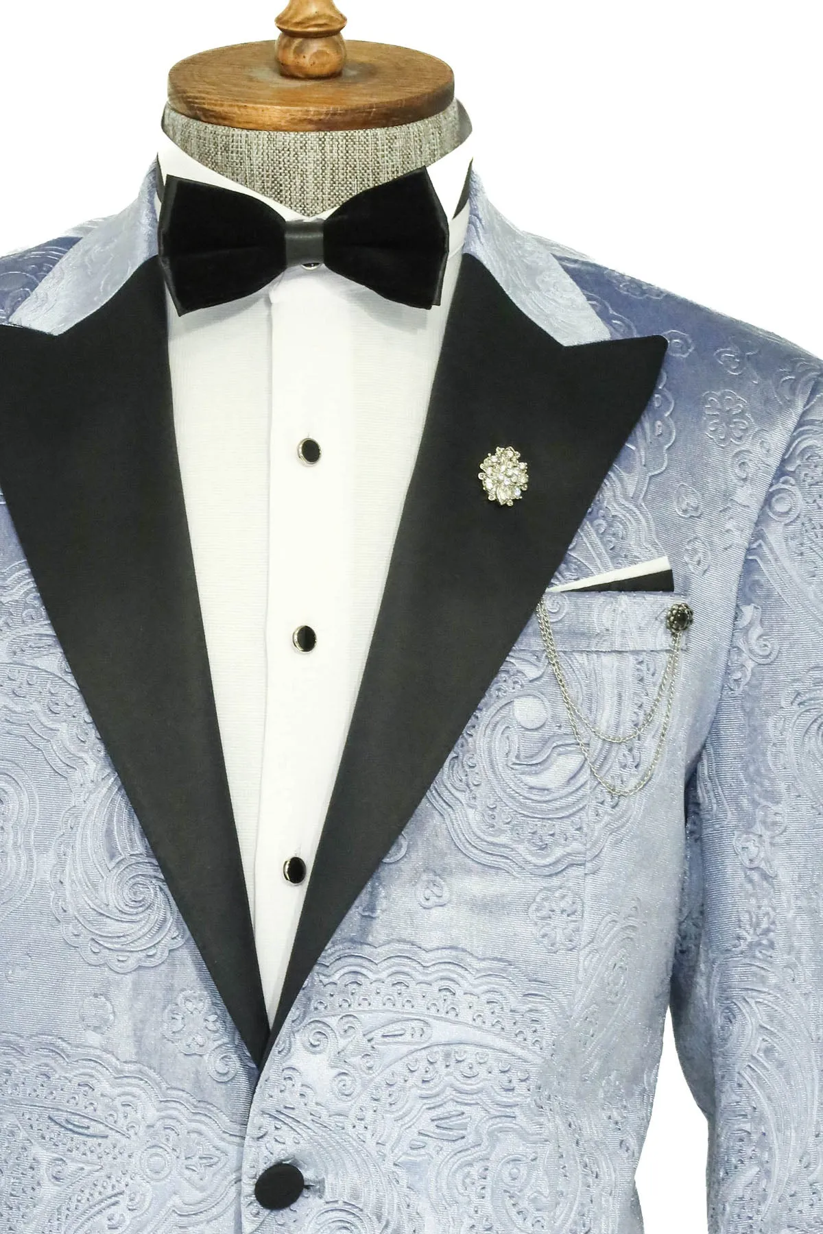 Floral Patterned Velvet Blue Men Wedding Grooms Blazer - Wessi