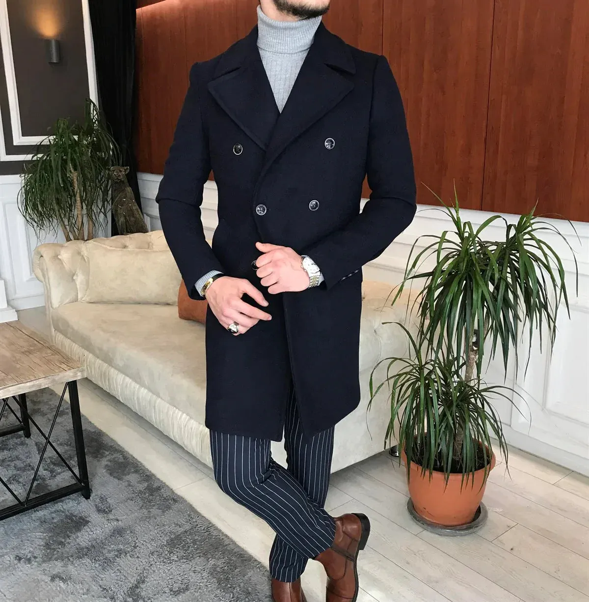 Frost Slim Fit Dark Blue Double Breasted Wool Coat by ITALIAN VEGA®