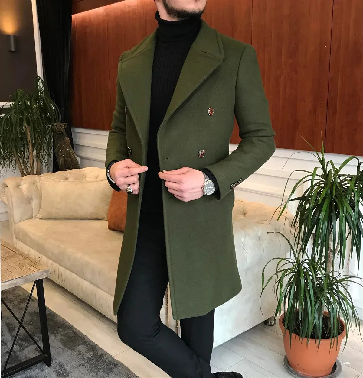 Frost Slim Fit Green Double Breasted Wool Coat by ITALIAN VEGA®