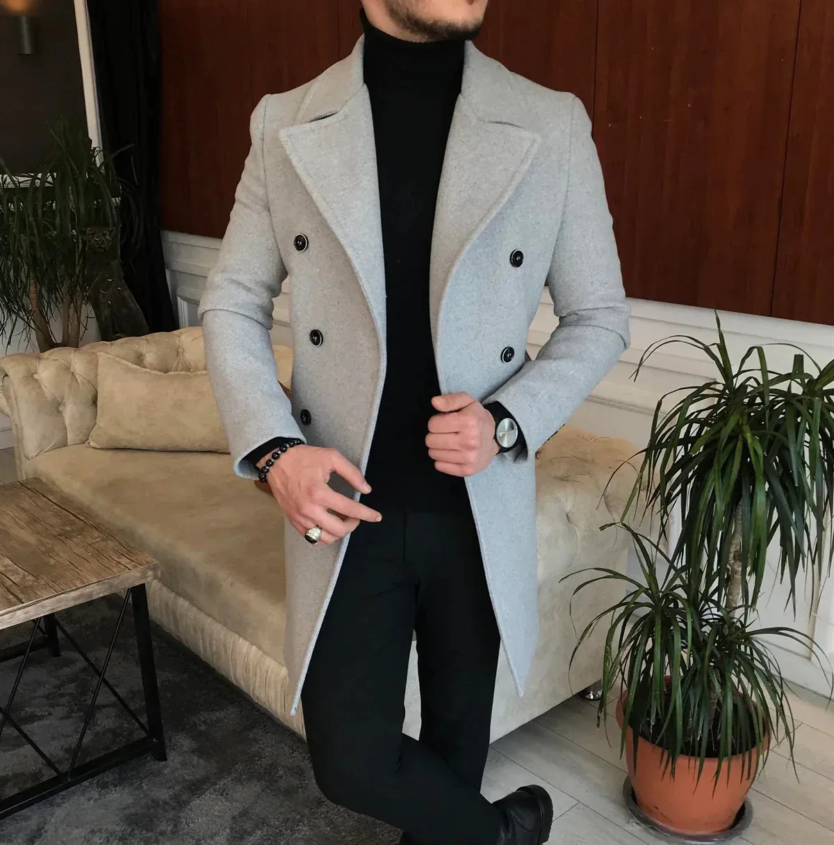 Frost Slim Fit Light Grey Double Breasted Wool Coat by ITALIAN VEGA®