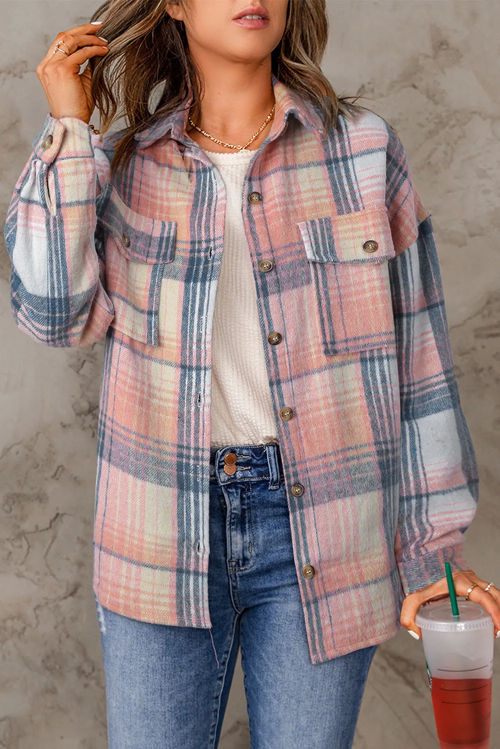 Gold Flame & Grey Plaid Button Up Collared Flannel Shacket