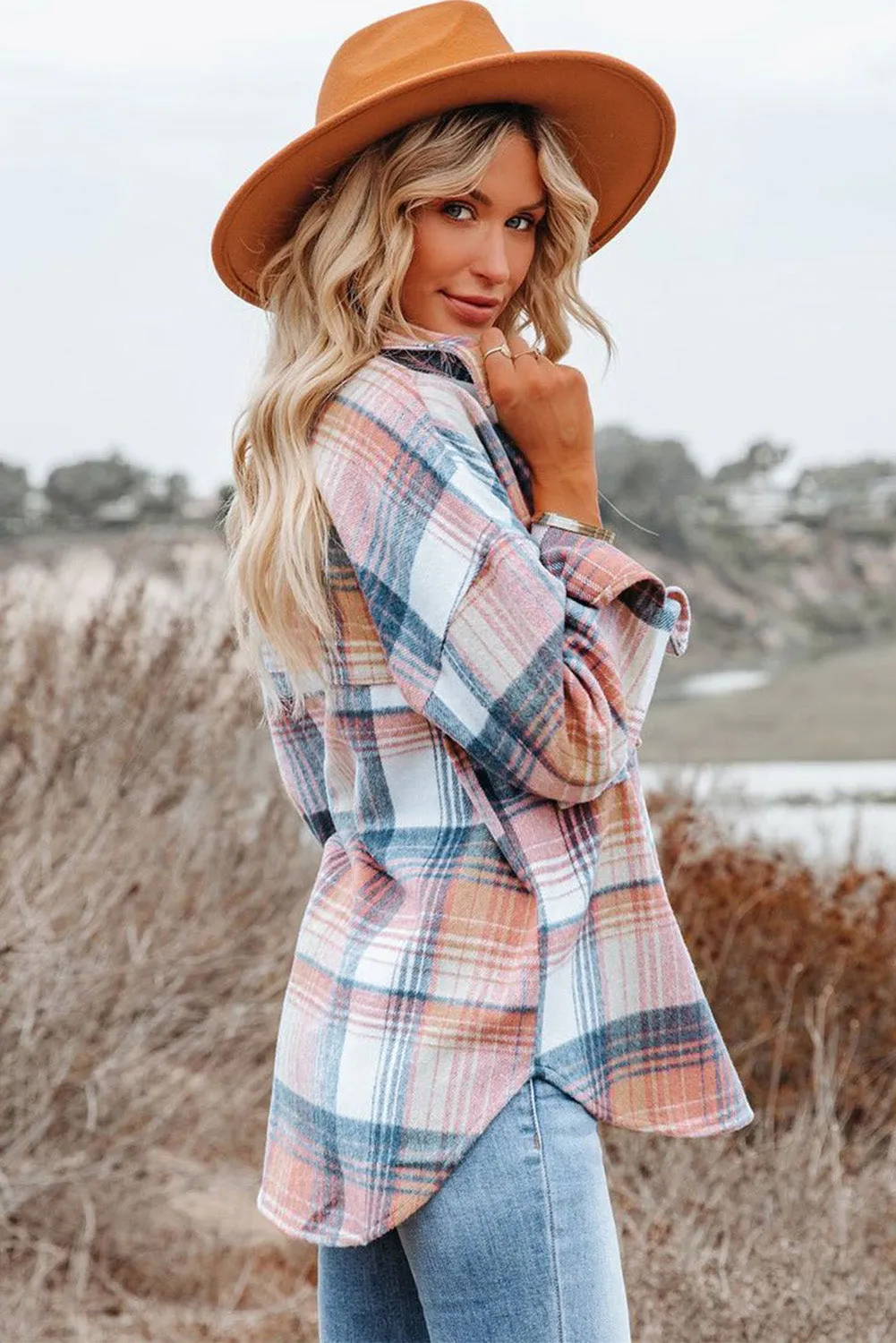 Gold Flame & Grey Plaid Button Up Collared Flannel Shacket