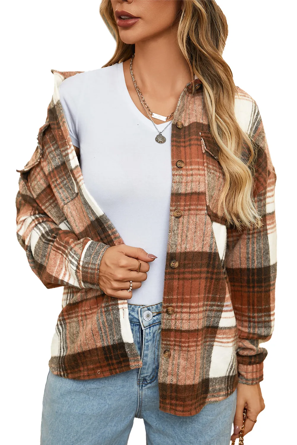 Gold Flame & Grey Plaid Button Up Collared Flannel Shacket