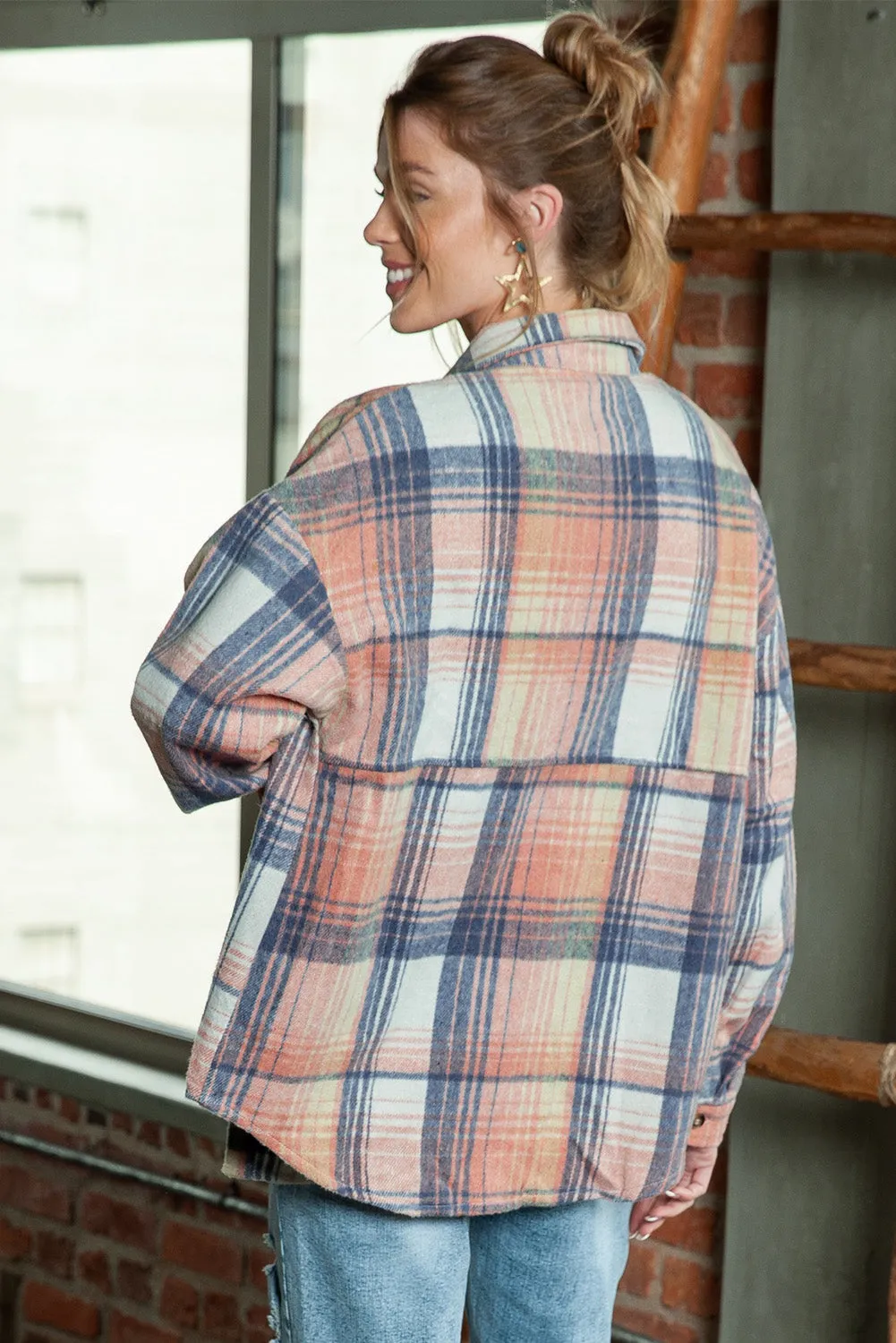 Gold Flame & Grey Plaid Button Up Collared Flannel Shacket