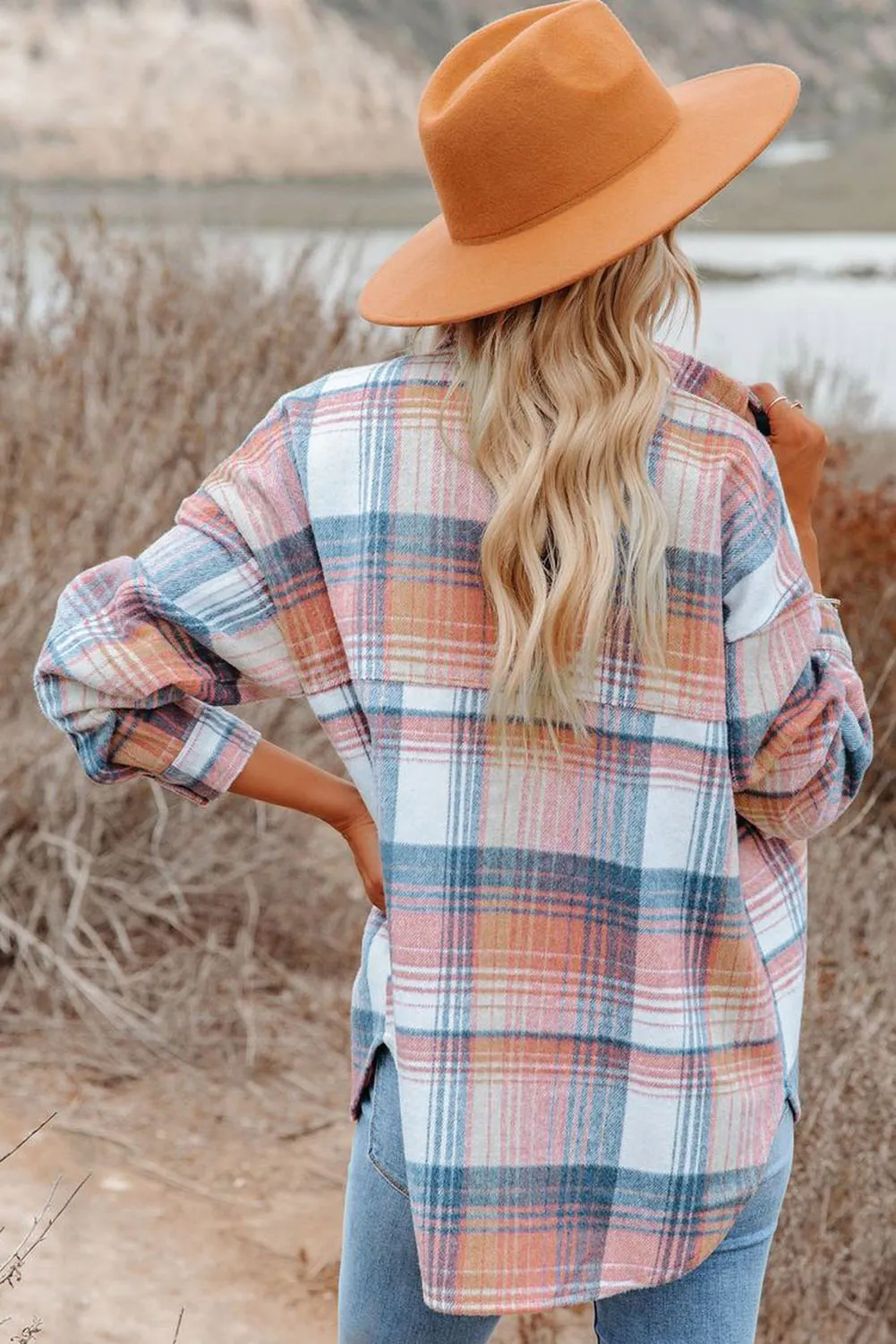 Gold Flame & Grey Plaid Button Up Collared Flannel Shacket