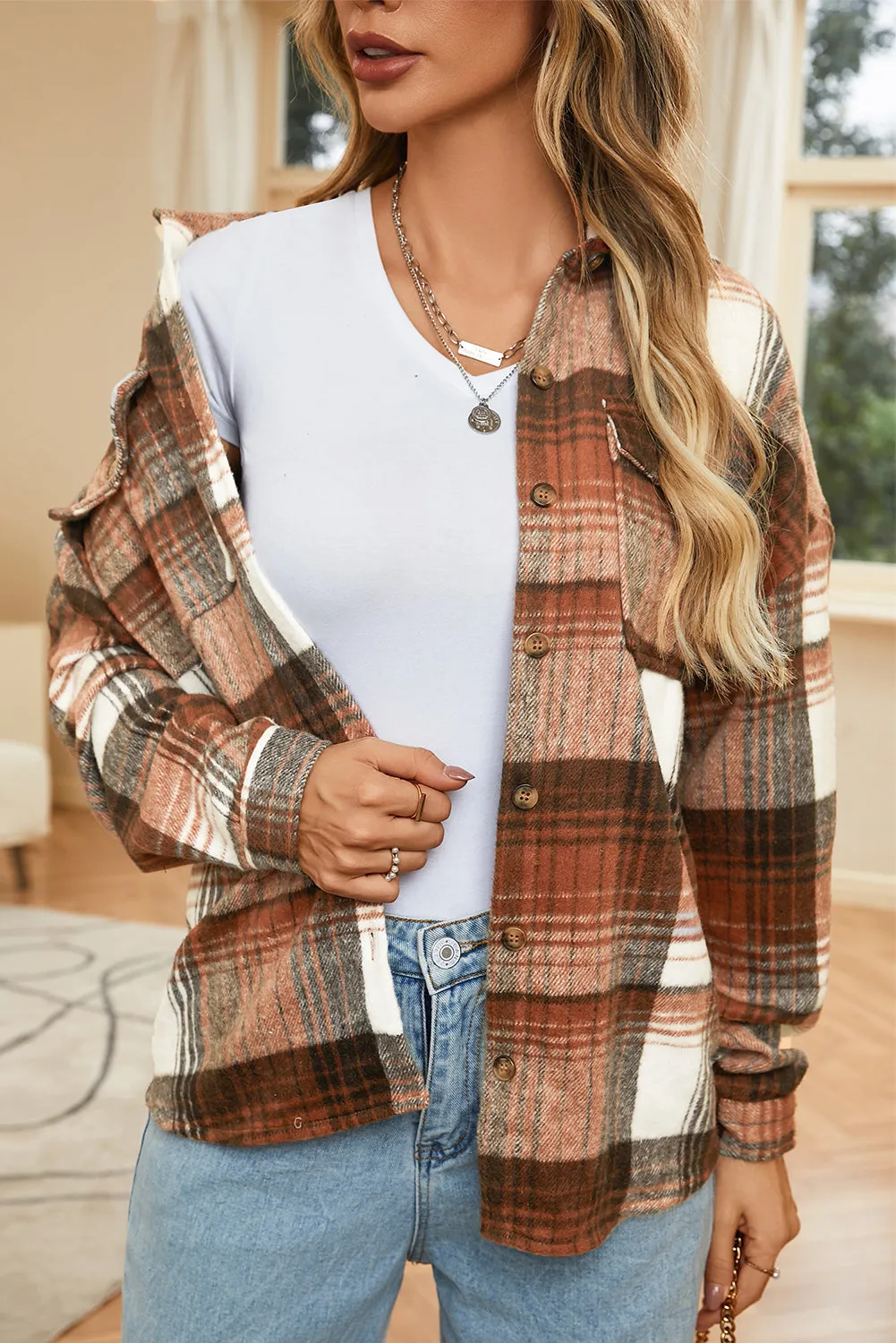 Gold Flame & Grey Plaid Button Up Collared Flannel Shacket