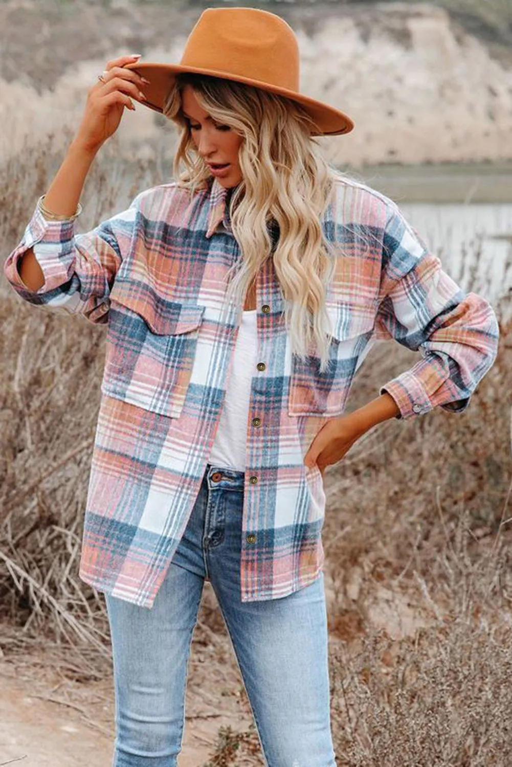 Gold Flame & Grey Plaid Button Up Collared Flannel Shacket