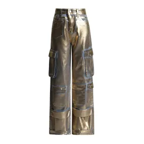 Gold Metallic Multi-Pocket Pants