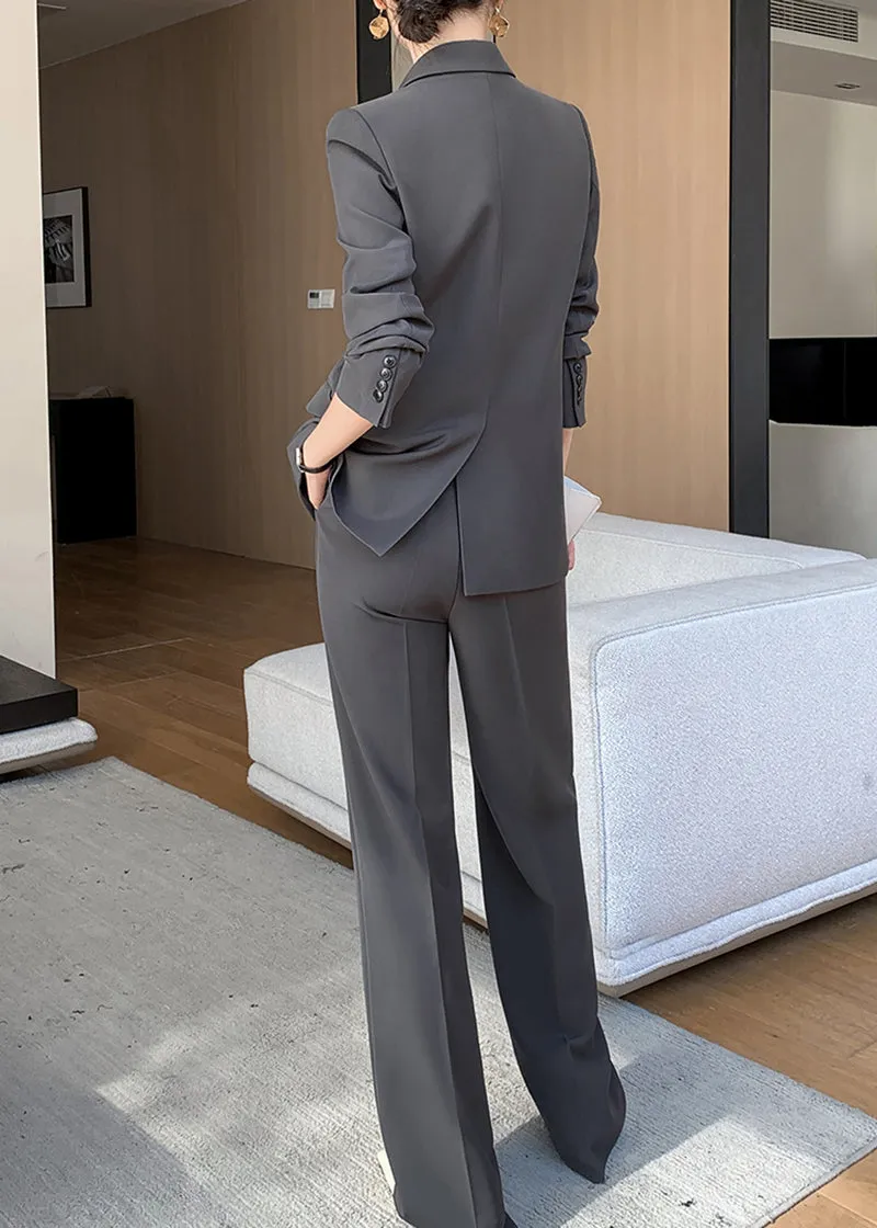 Gray Double Breasted Blazer Wide Pants Suit Two-Piece Set