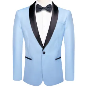 Hi-Tie Black Shawl Collar Sky Blue Solid Blazer Bowtie Suit Set