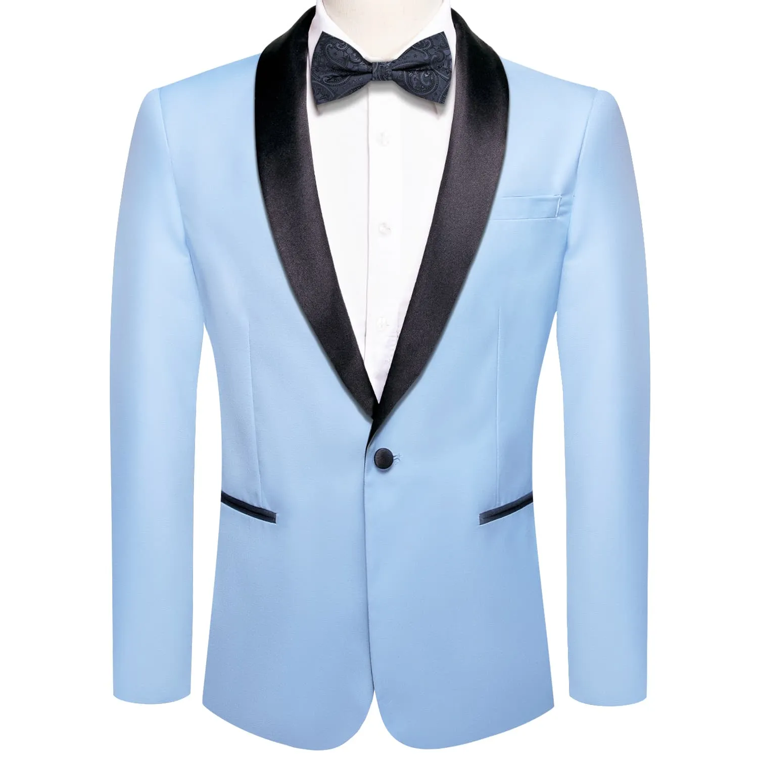 Hi-Tie Black Shawl Collar Sky Blue Solid Blazer Bowtie Suit Set