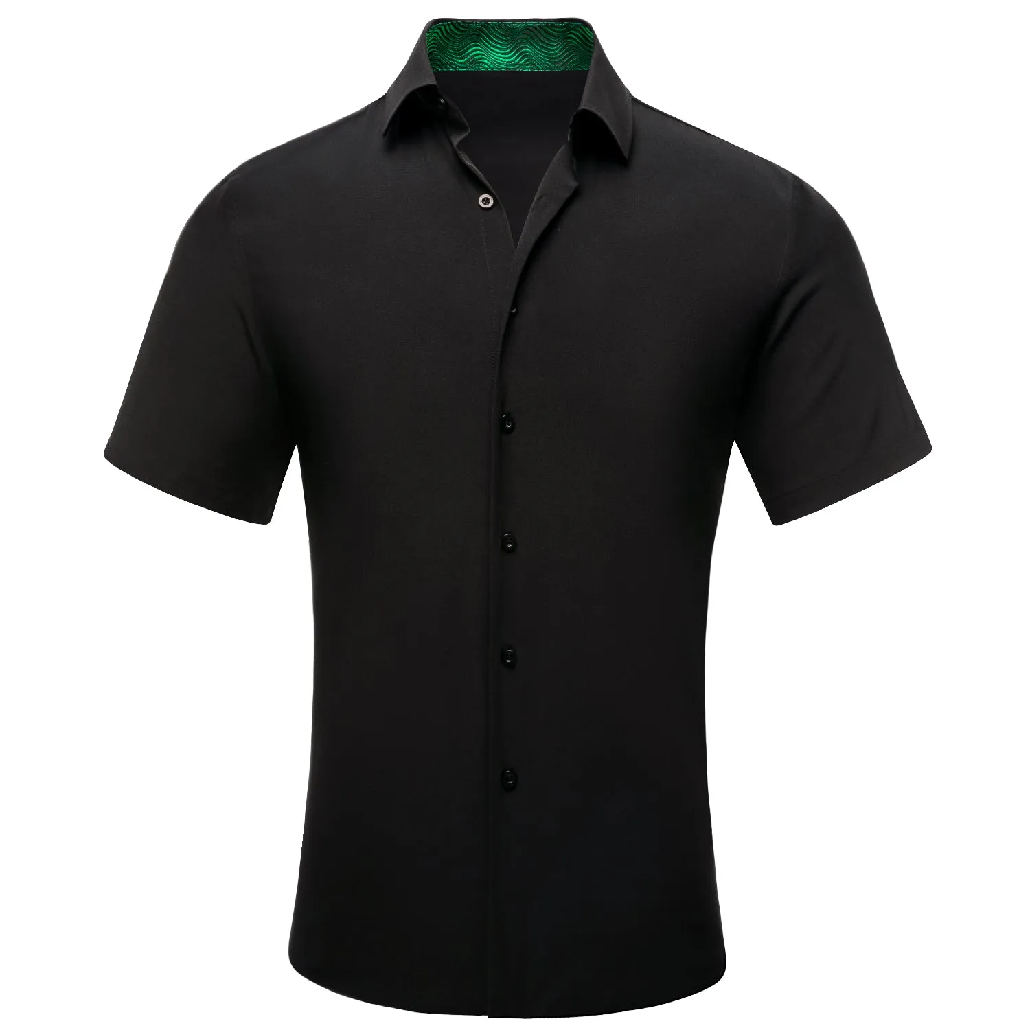 Hi-Tie Black Solid with Green Collar Silk Men's Short Sleeve Shirt