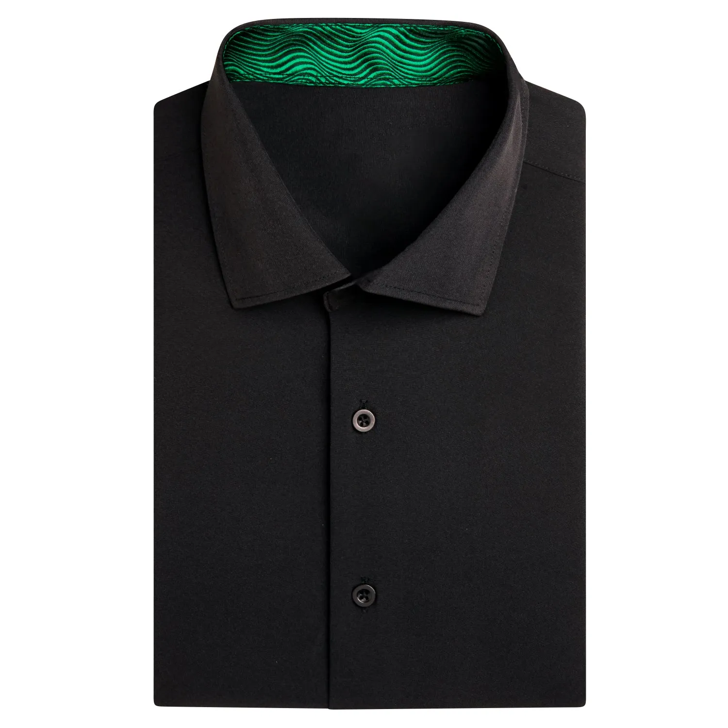 Hi-Tie Black Solid with Green Collar Silk Men's Short Sleeve Shirt