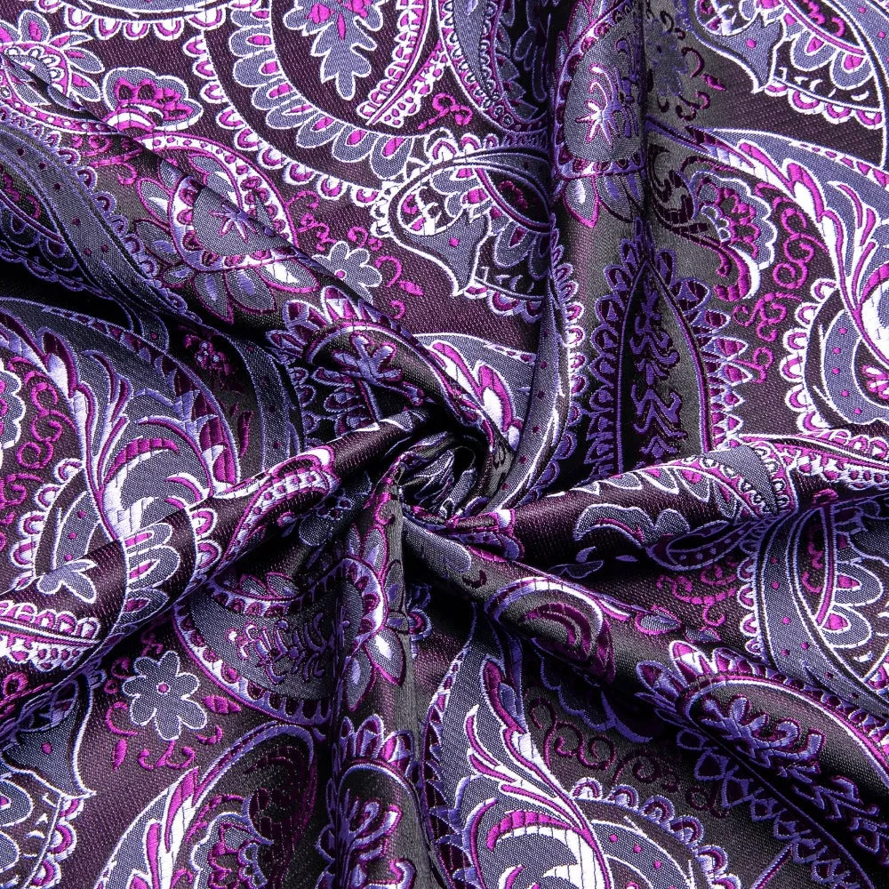 Hi-Tie Dark Purple Top Paisley Jacquard Silk Men's Short Sleeve Shirt