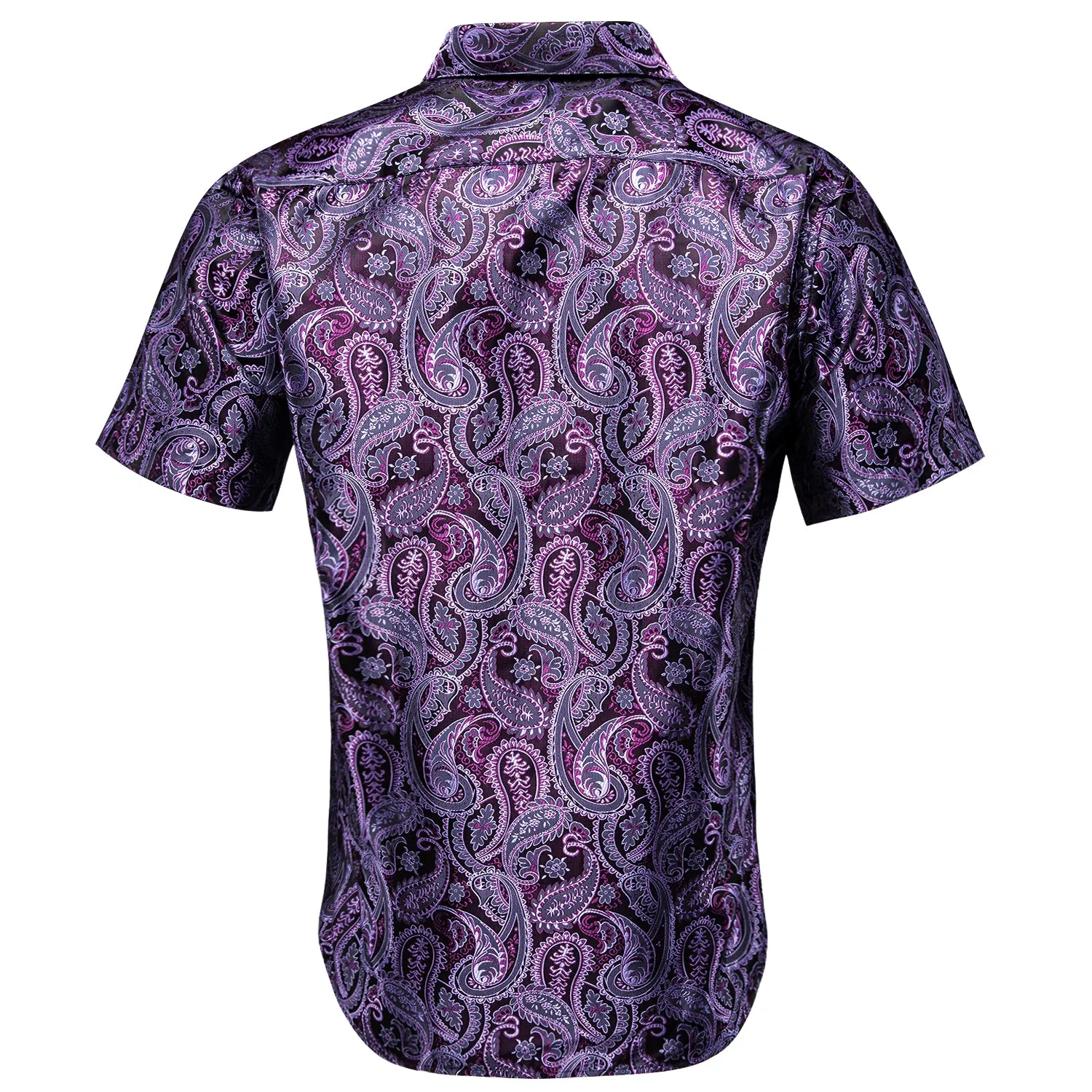 Hi-Tie Dark Purple Top Paisley Jacquard Silk Men's Short Sleeve Shirt